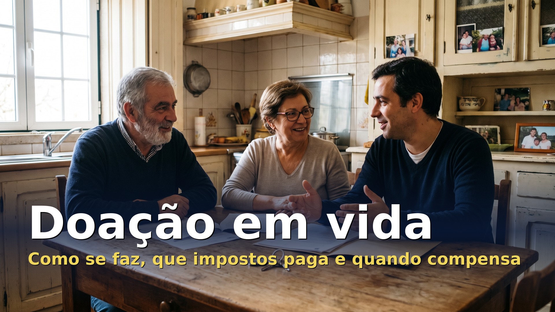 Doação em vida: pais idosos conversam com o filho à mesa da cozinha, com documentos e as chaves da casa