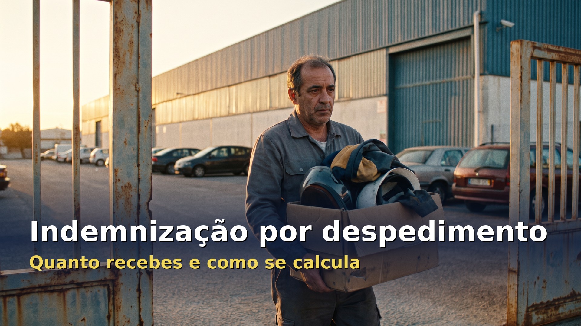 Indemnização por despedimento: trabalhador a sair do portão da fábrica com uma caixa com as suas coisas
