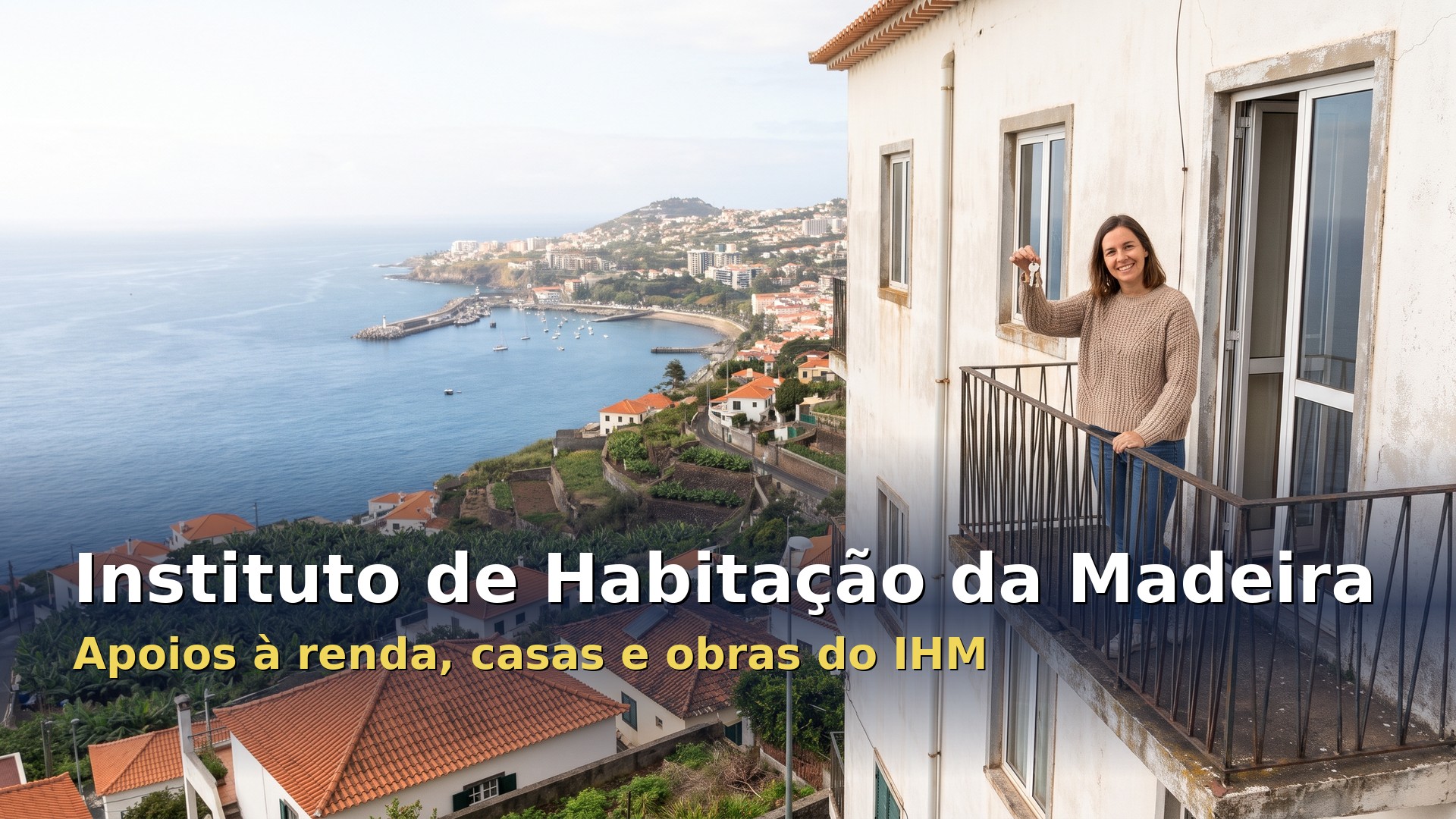 Instituto de Habitação da Madeira: mulher com as chaves da casa nova numa varanda com vista para a baía do Funchal