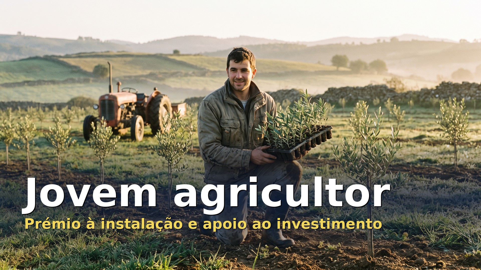 Jovem agricultor a plantar oliveiras novas num campo do interior, com um trator ao fundo