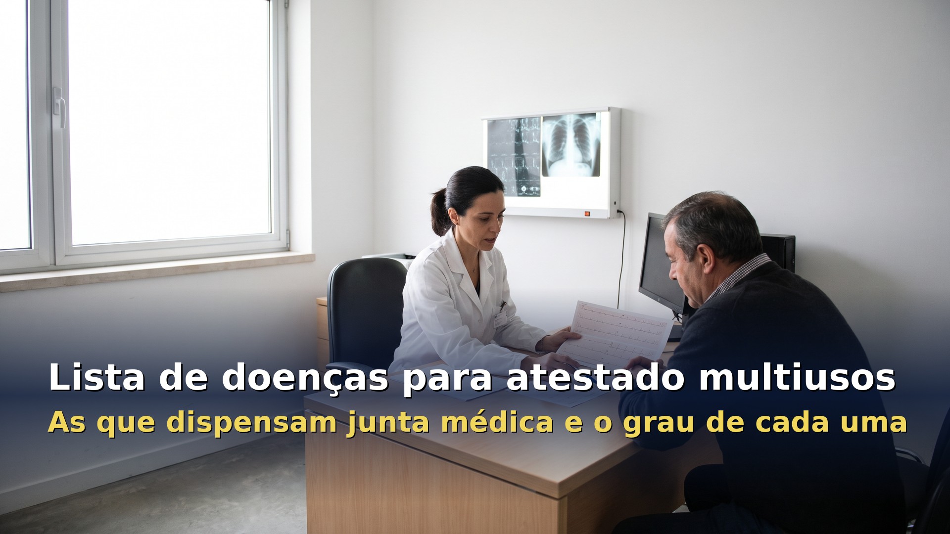 Lista de doenças para atestado multiusos: médica revê com um paciente relatórios e exames numa consulta do centro de saúde