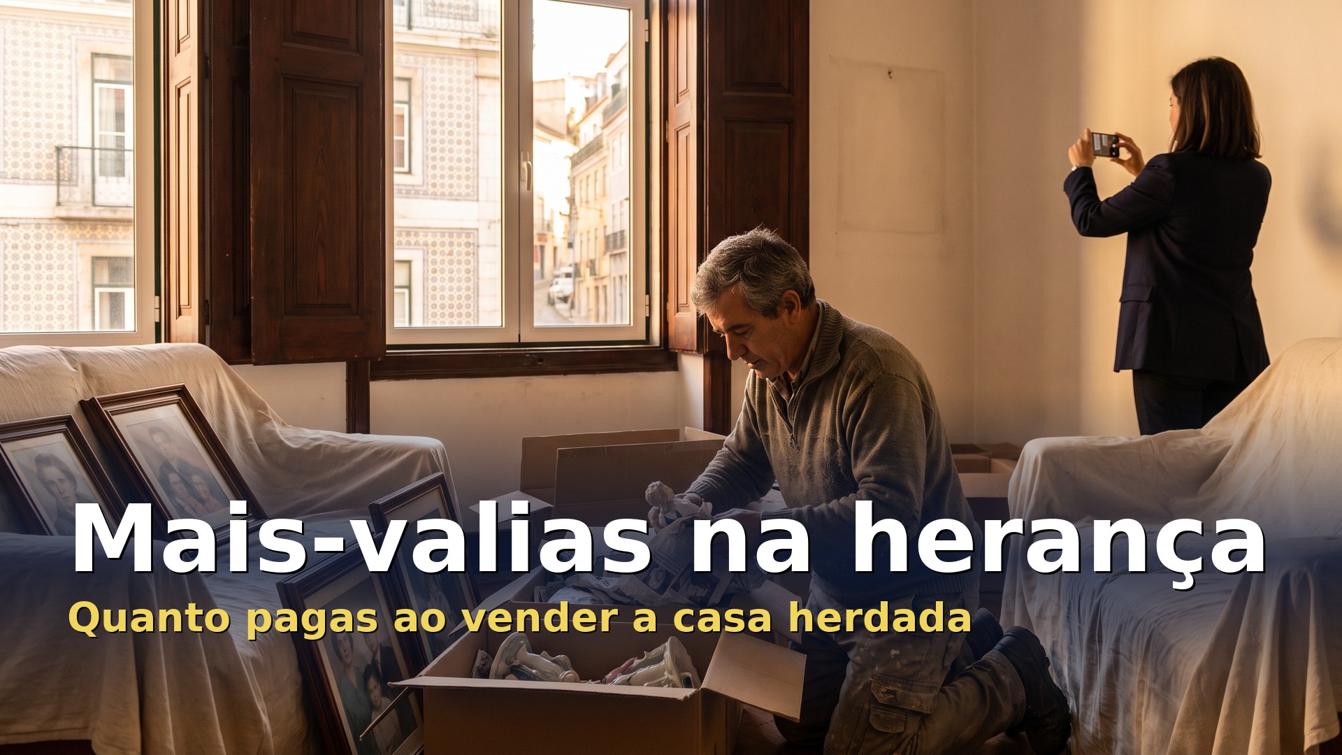 Mais-valias herança: homem a encaixotar os objetos dos pais na casa herdada em Lisboa enquanto uma agente imobiliária fotografa a sala