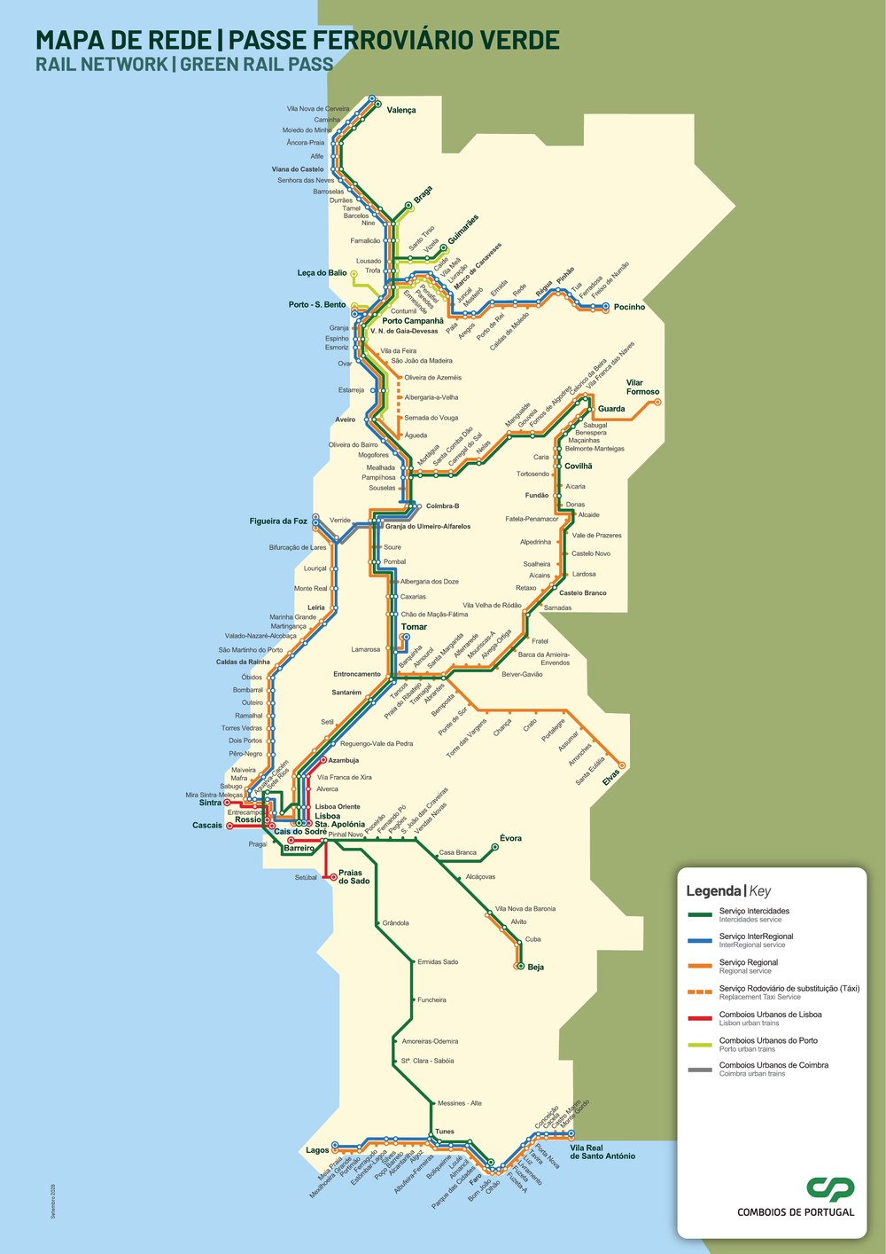 Mapa da rede do passe ferroviário verde da CP em setembro de 2026, com Intercidades, InterRegionais, Regionais e os urbanos de Lisboa, Porto e Coimbra