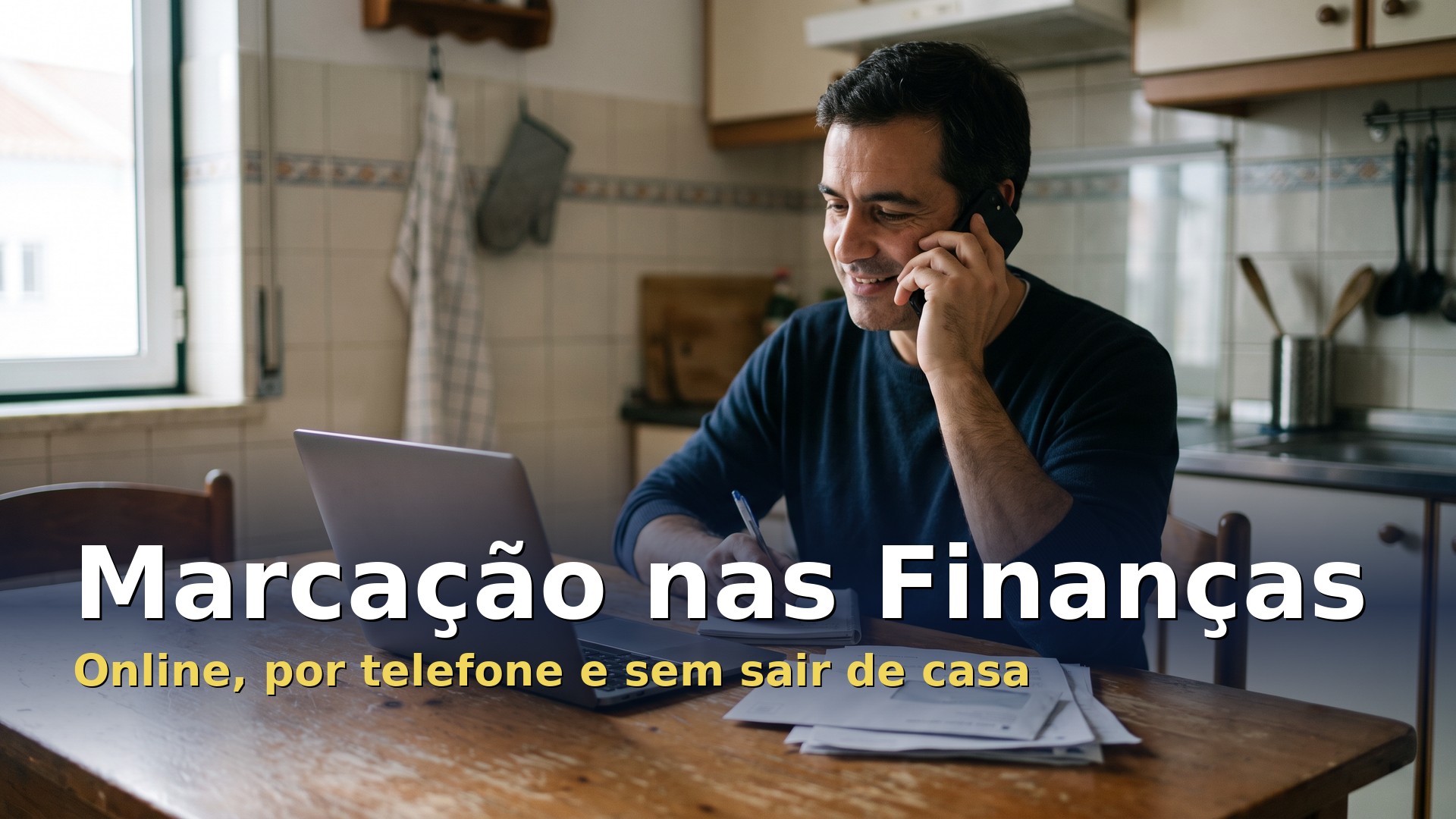 Marcação nas Finanças: homem marca atendimento por telefone com o portátil aberto na mesa da cozinha