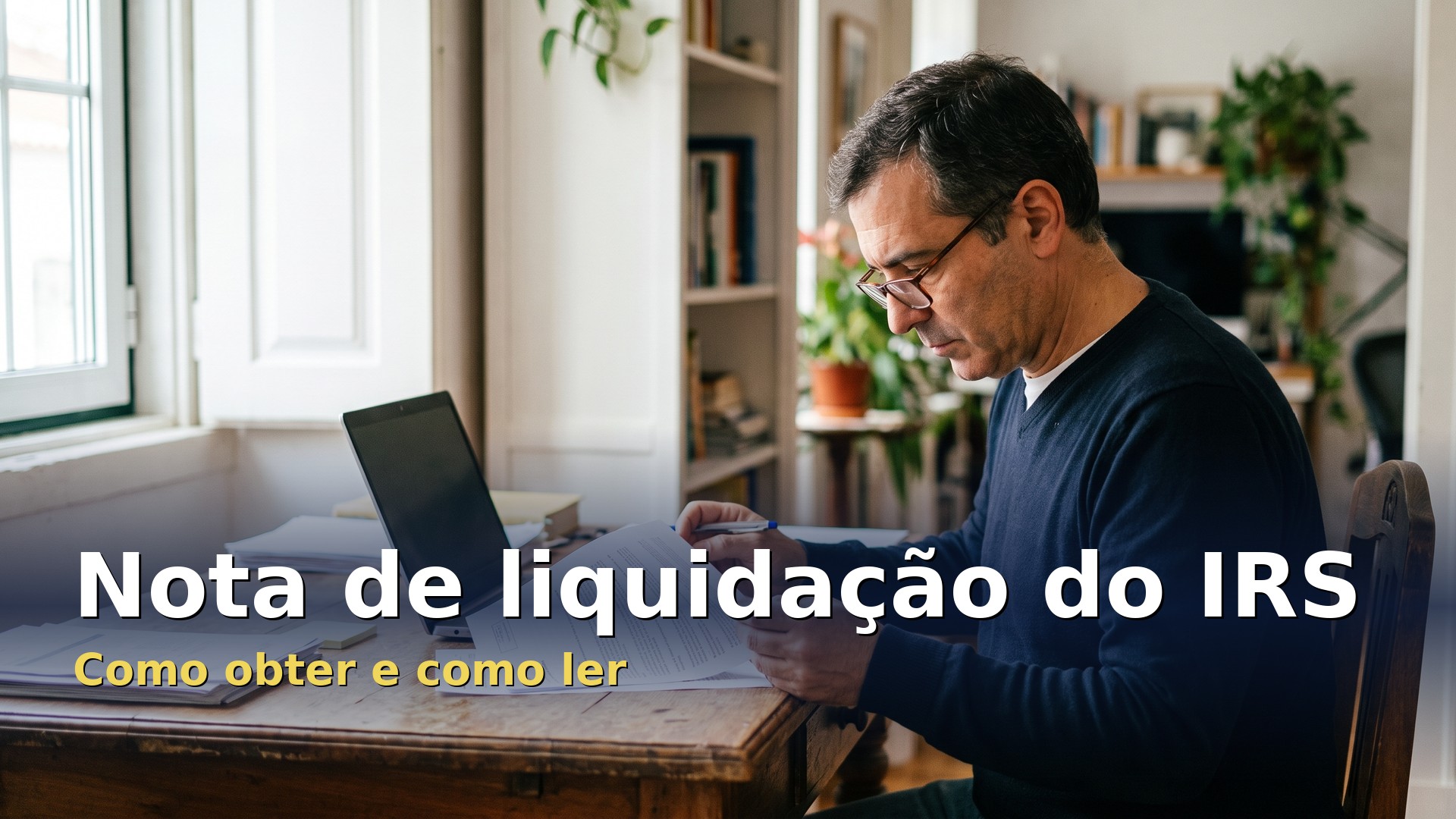 Nota de liquidação do IRS: homem à secretária de casa a ler com atenção a folha impressa do cálculo do imposto