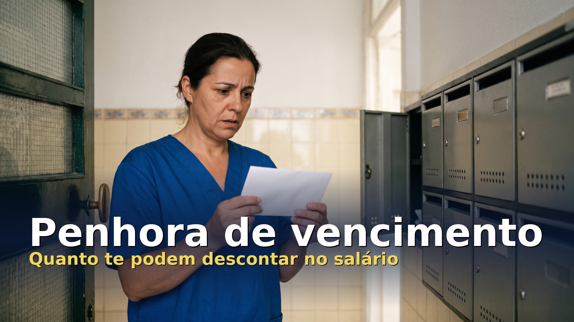 Mulher a abrir uma carta junto às caixas de correio, preocupada com a penhora de vencimento