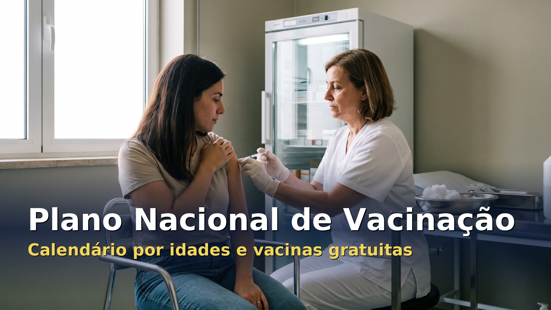 Plano Nacional de Vacinação: enfermeira aplica uma vacina no braço de uma mulher adulta numa sala de vacinação de um centro de saúde