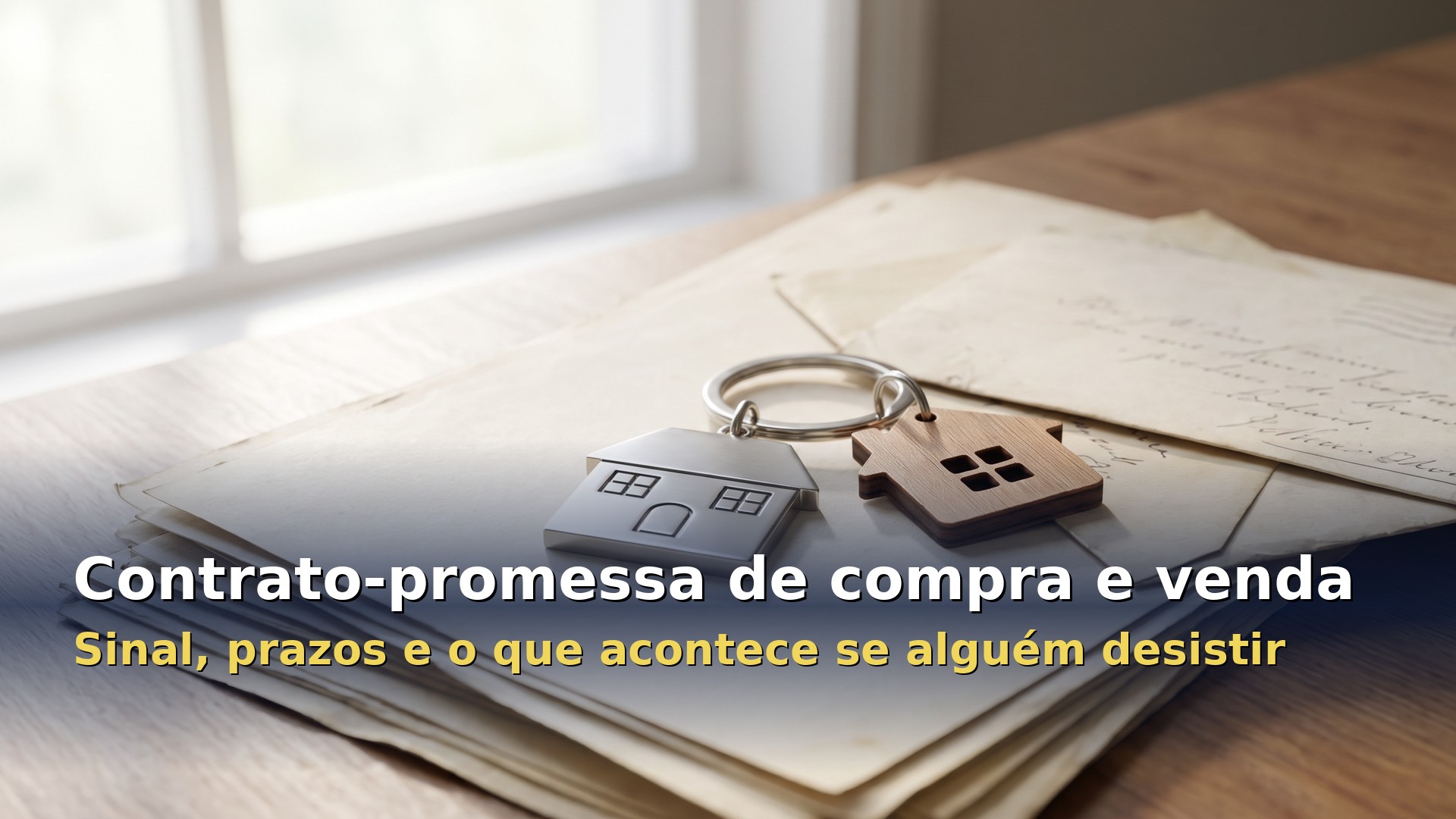 Porta-chaves em forma de casa sobre os papéis de um contrato-promessa de compra e venda