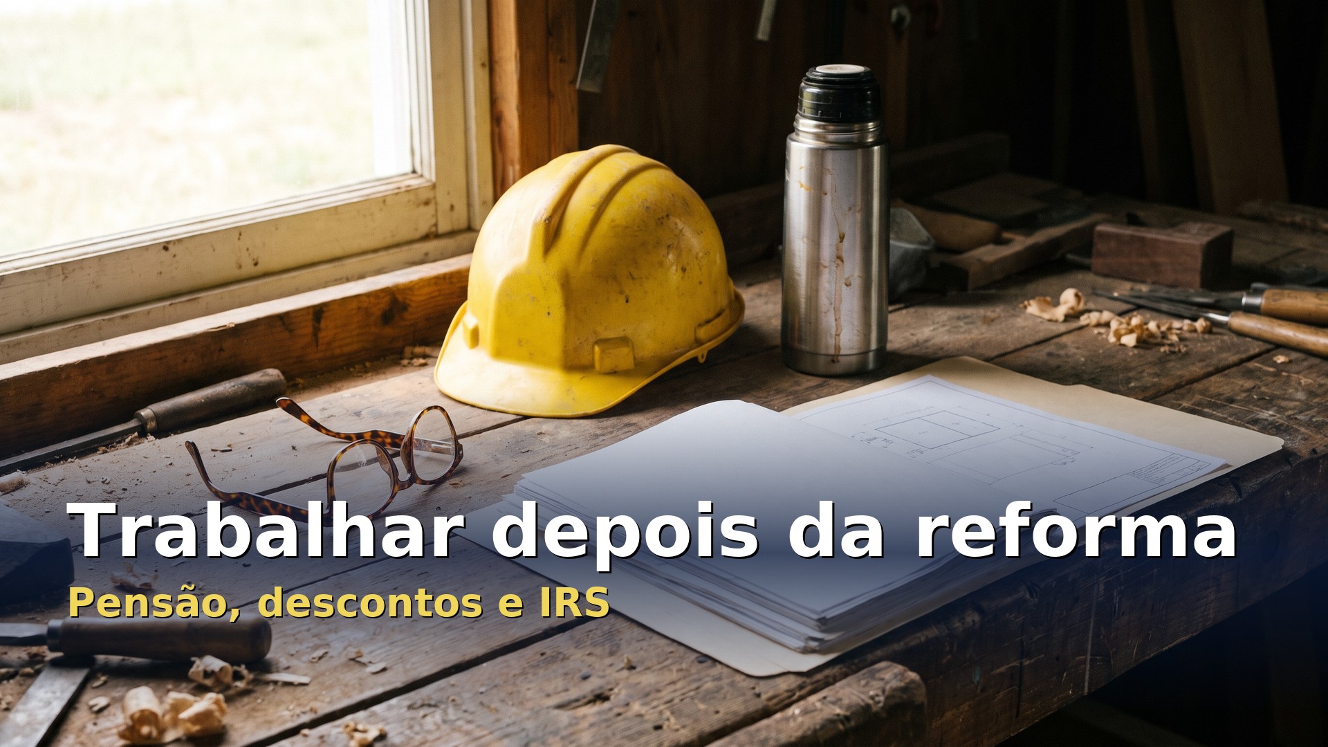 Trabalhar depois da reforma: óculos de leitura, capacete e papéis numa mesa de trabalho