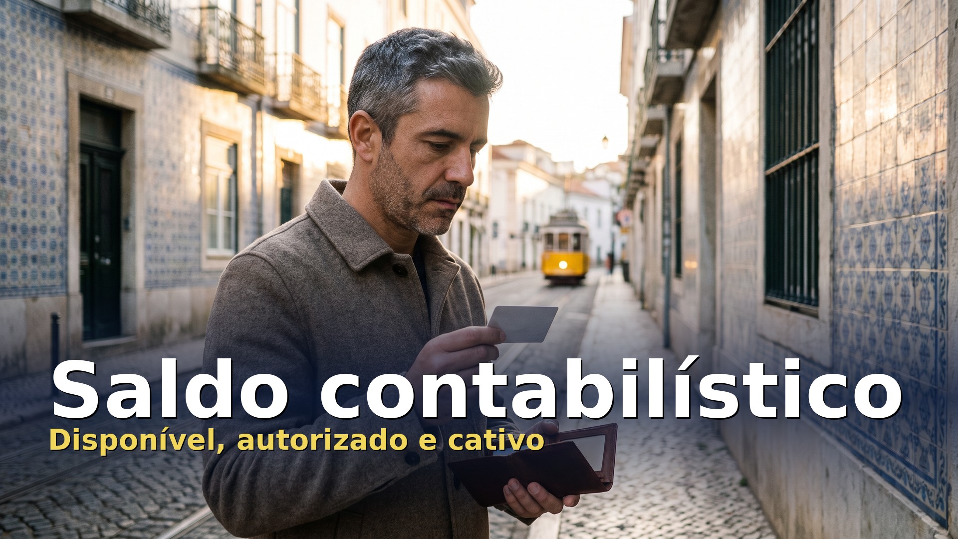 Saldo contabilístico: homem numa rua de Lisboa a olhar para o cartão bancário antes de pagar