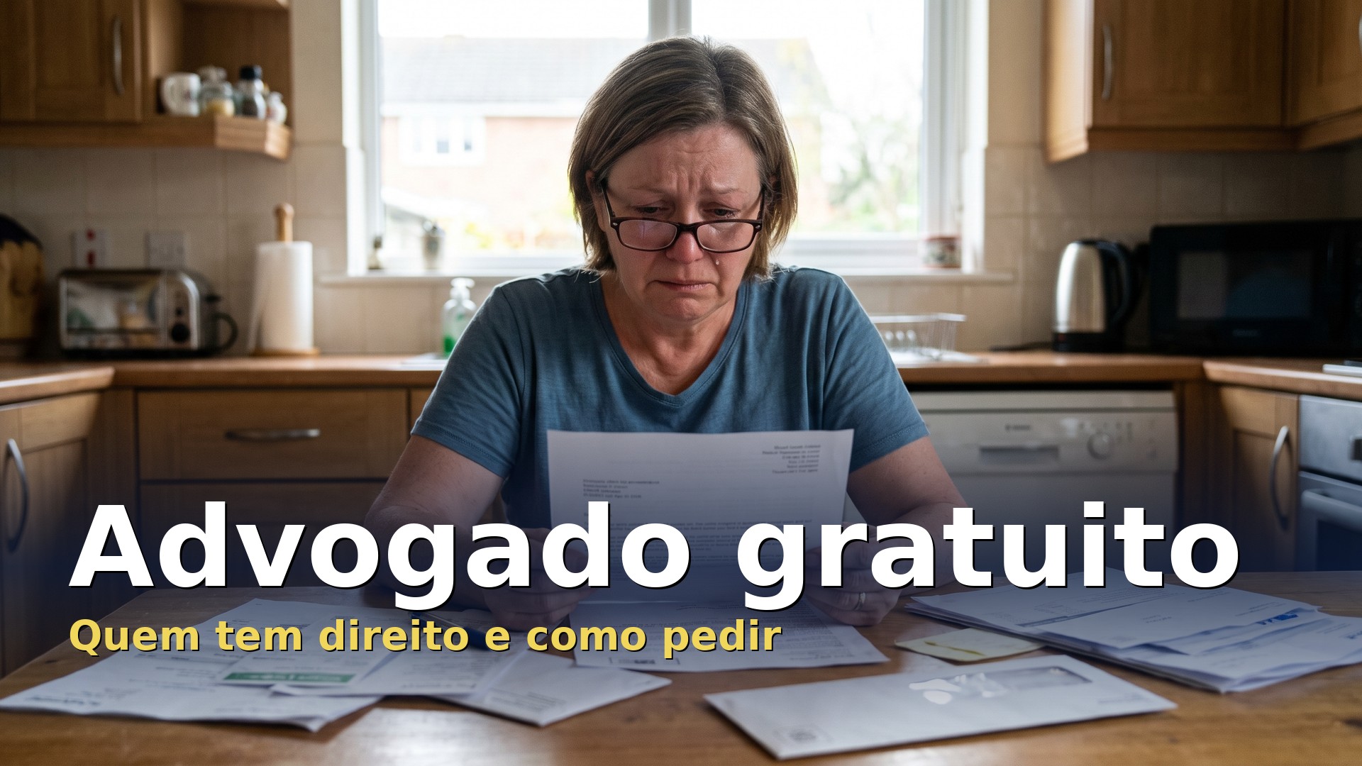 Advogado gratuito: pessoa a ler uma carta do tribunal à mesa da cozinha