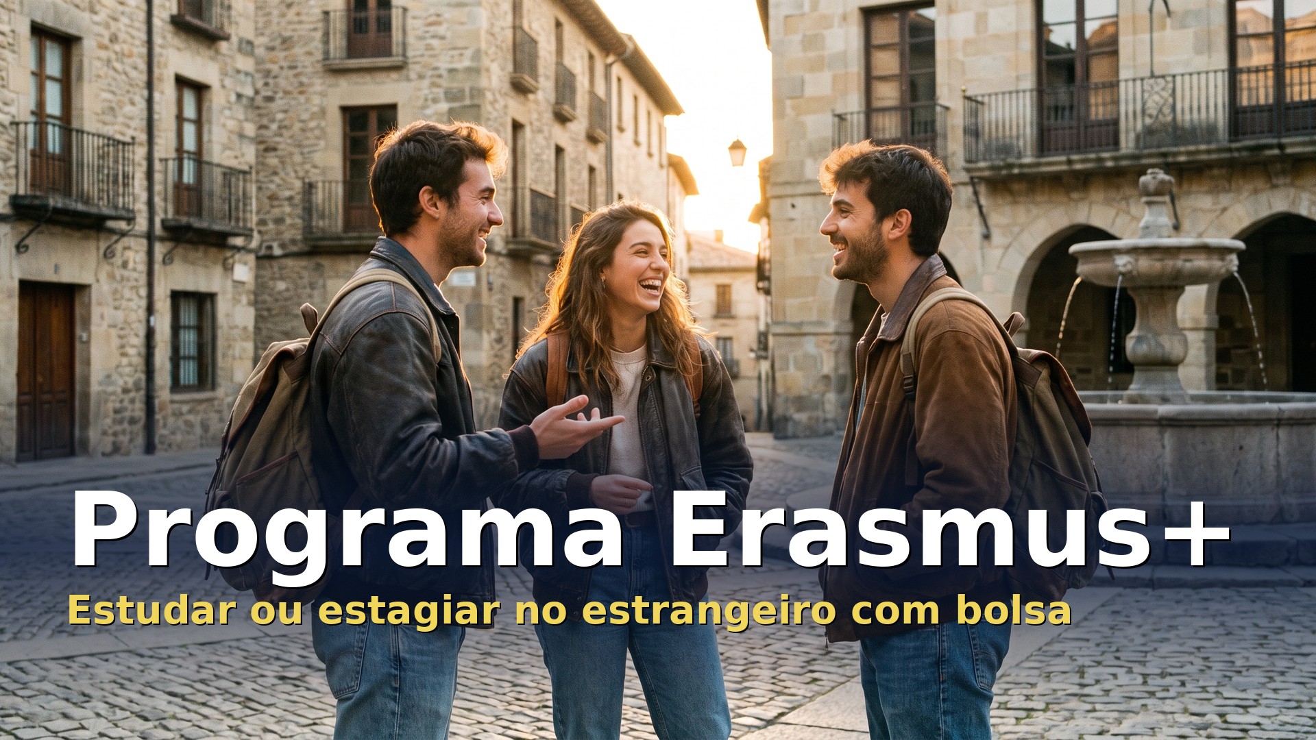 Programa Erasmus+: estudantes universitários numa praça de uma cidade europeia