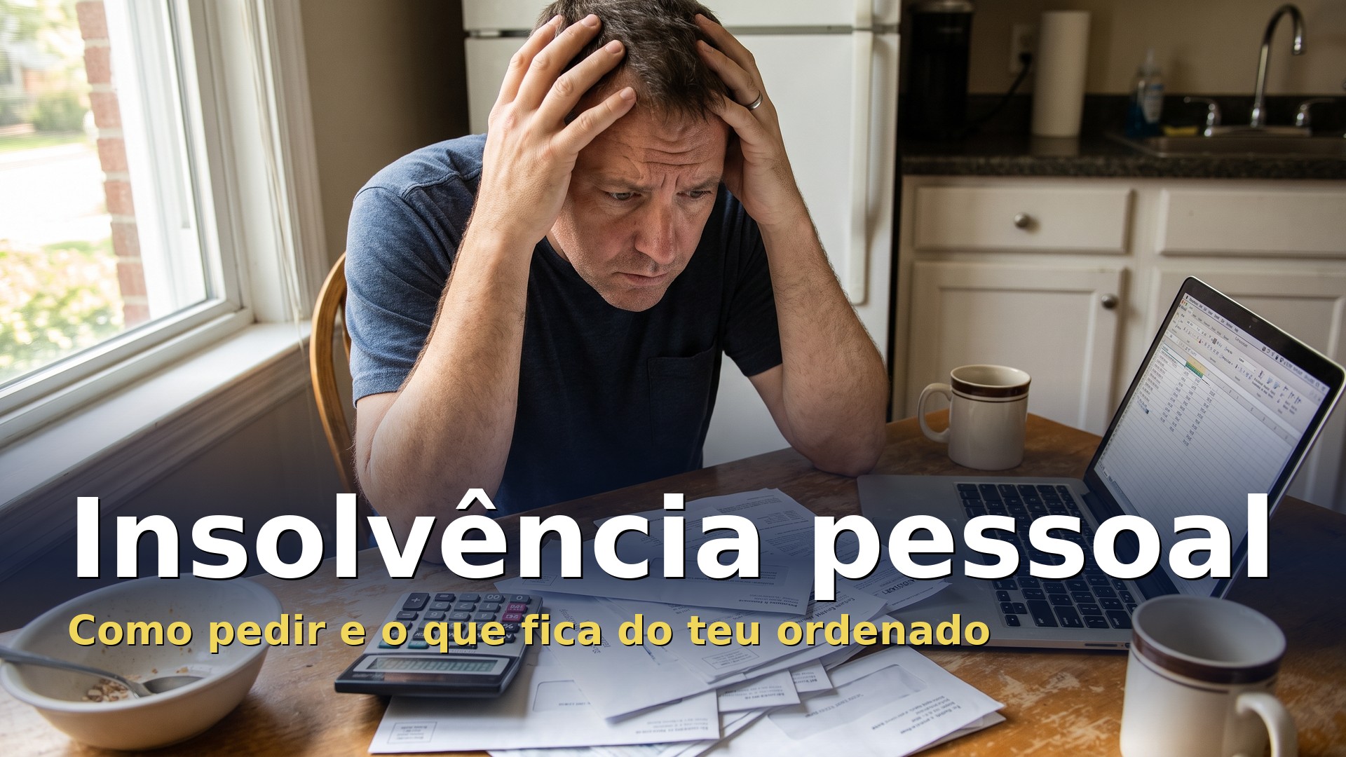 Pessoa a rever contas e cartas do banco à mesa da cozinha, insolvência pessoal