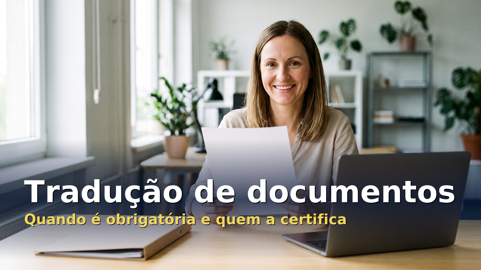 Mulher com um documento em papel a preparar a tradução de documentos oficiais