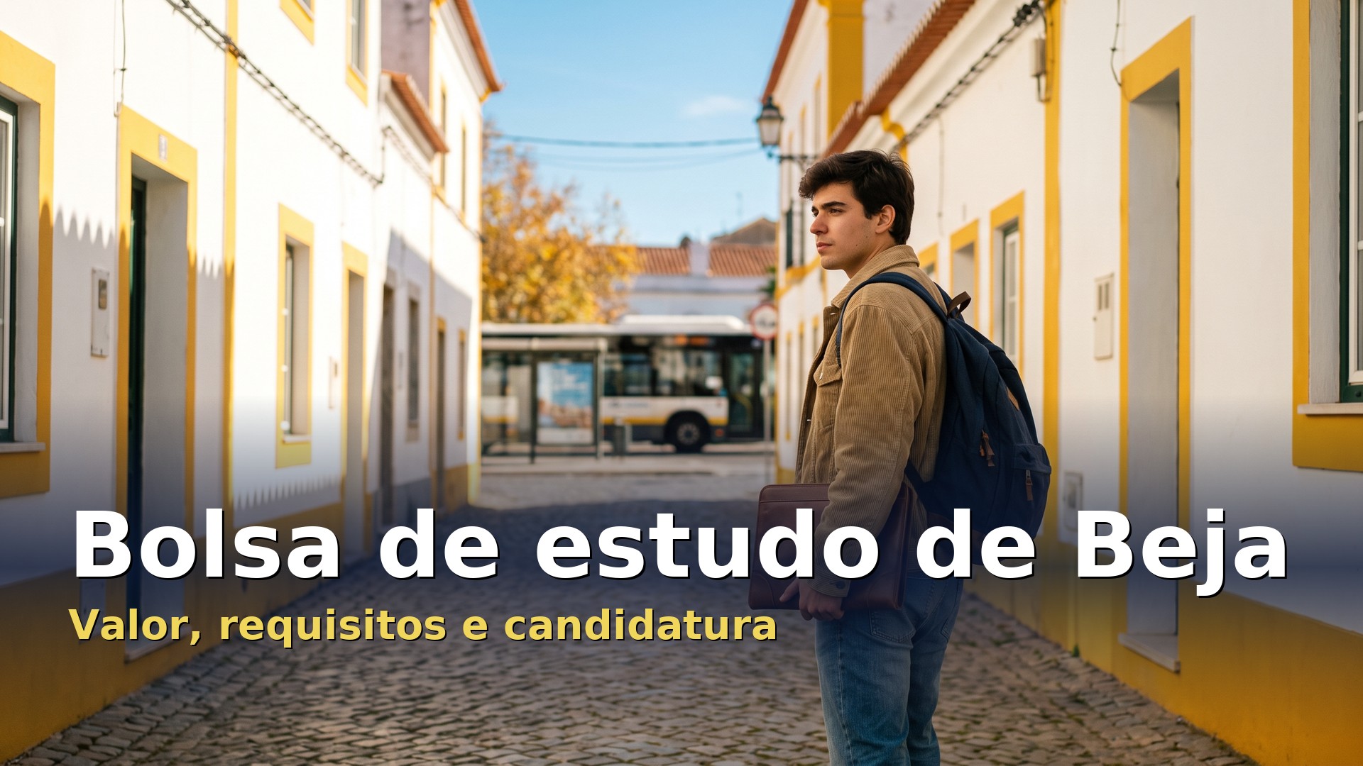 Bolsa de estudo de Beja: estudante universitário com mochila numa rua de casas caiadas do Alentejo