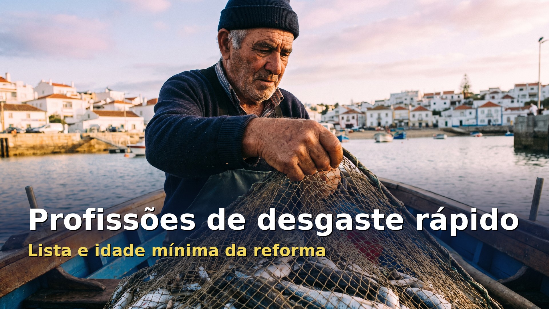 Profissões de desgaste rápido: pescador a recolher as redes num barco ao amanhecer