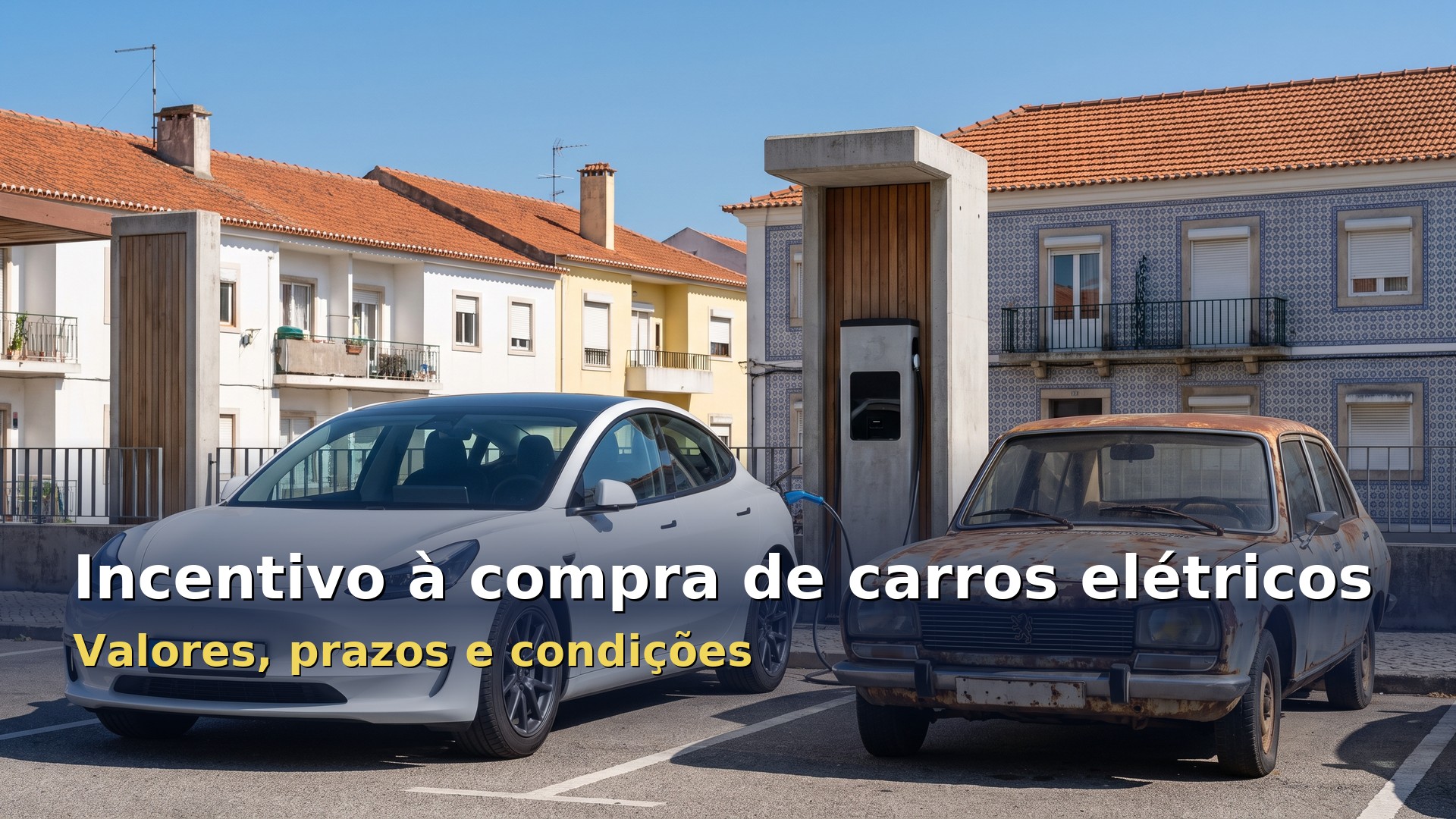 Incentivo à compra de carros elétricos: carro elétrico novo a carregar ao lado de um carro antigo a combustível