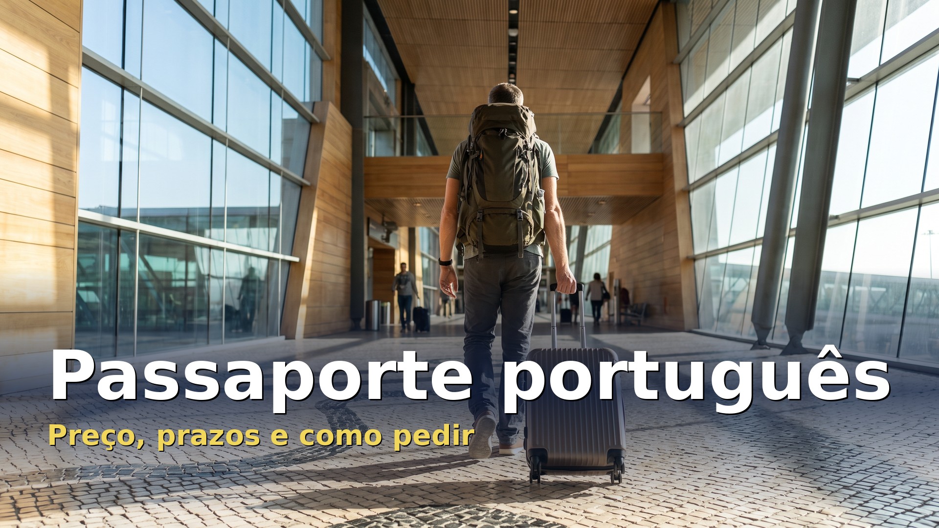 Passaporte português: viajante com mala de cabine num terminal de aeroporto