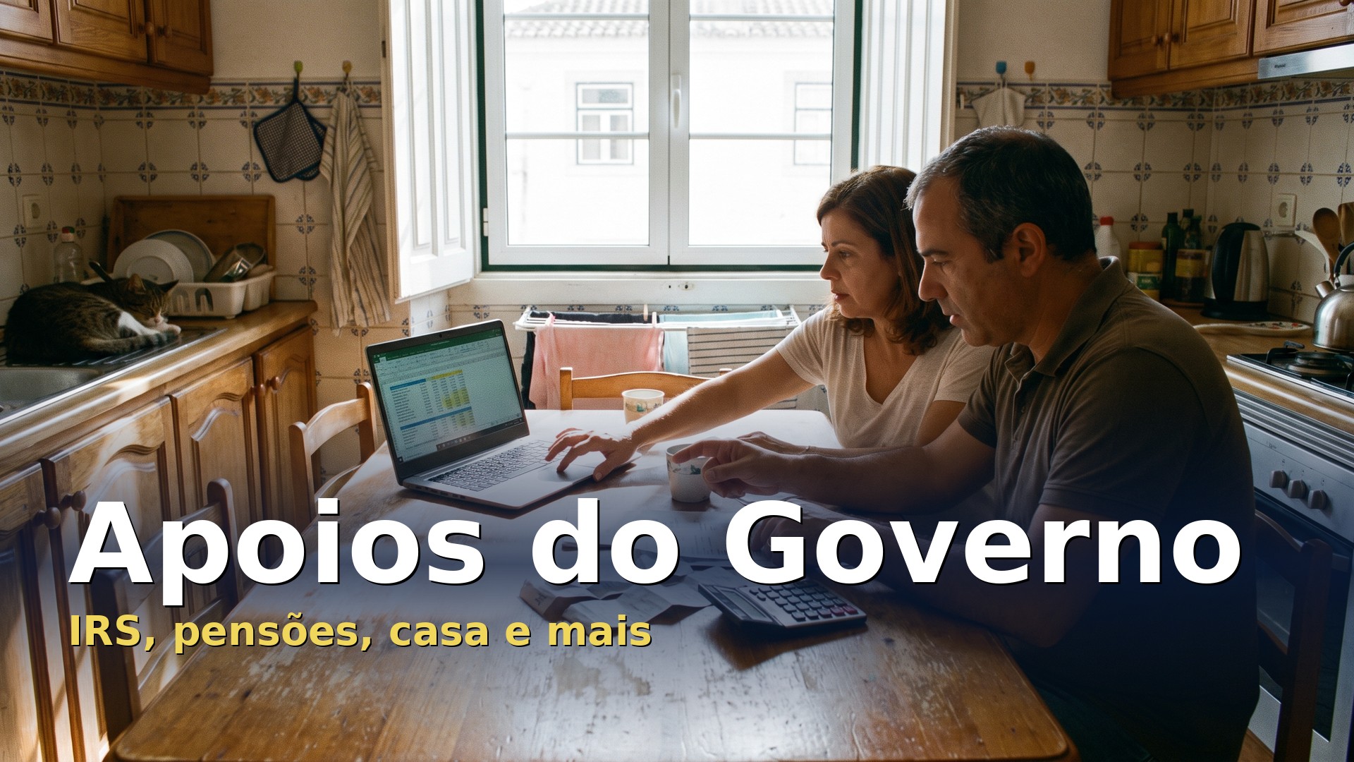 Apoios do Governo: casal a rever as contas da casa no portátil