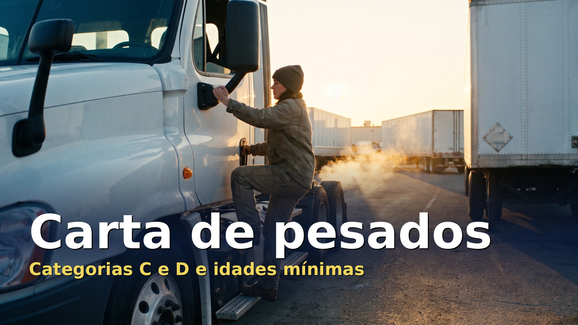 Motorista a subir para a cabine de um camião, com carta de pesados