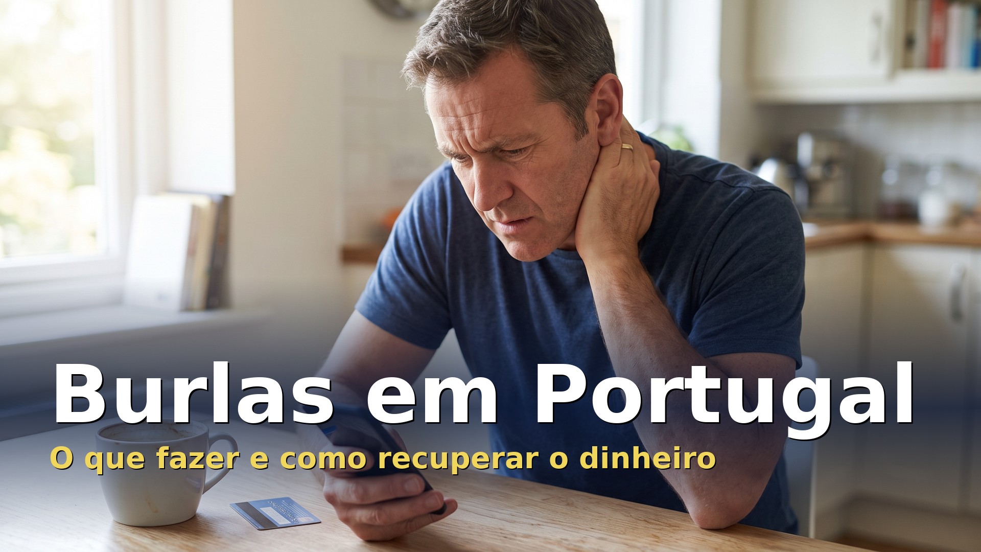 Homem preocupado a olhar para o telemóvel depois de uma burla por chamada