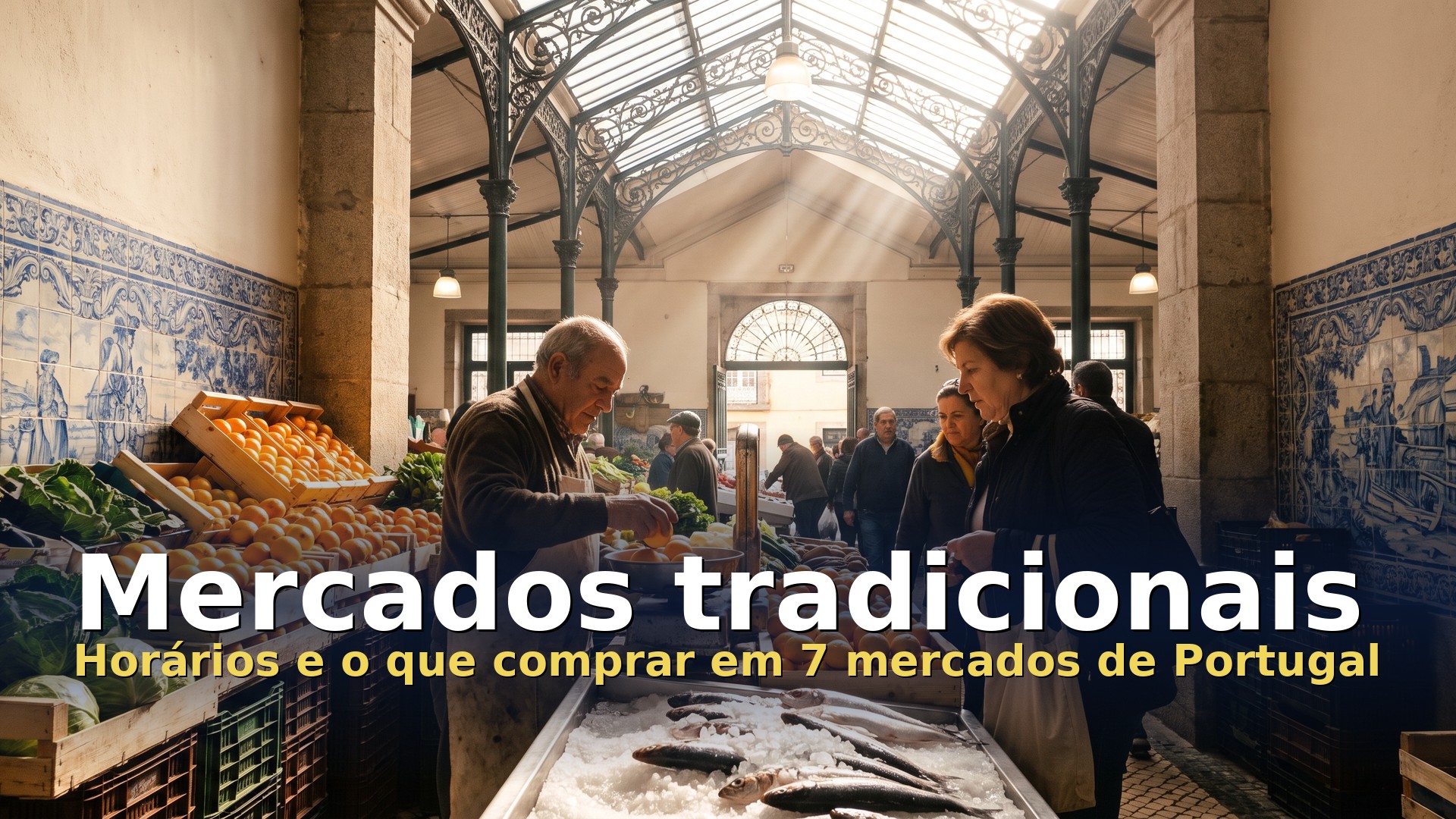 Mercados tradicionais em Portugal: banca de fruta e peixe fresco num mercado municipal com cobertura de ferro e azulejos