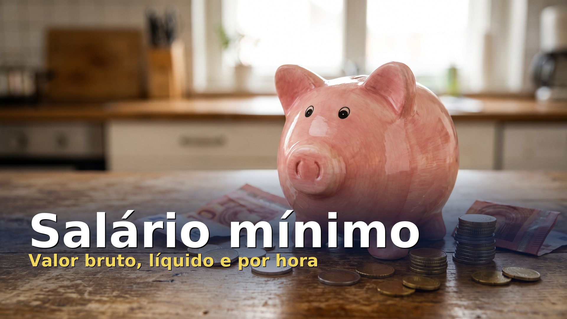Porquinho mealheiro com moedas e notas do salário mínimo