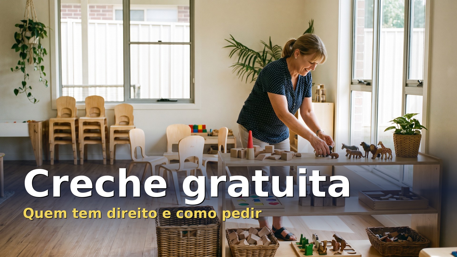 Creche gratuita: educadora a arrumar brinquedos numa sala de creche luminosa