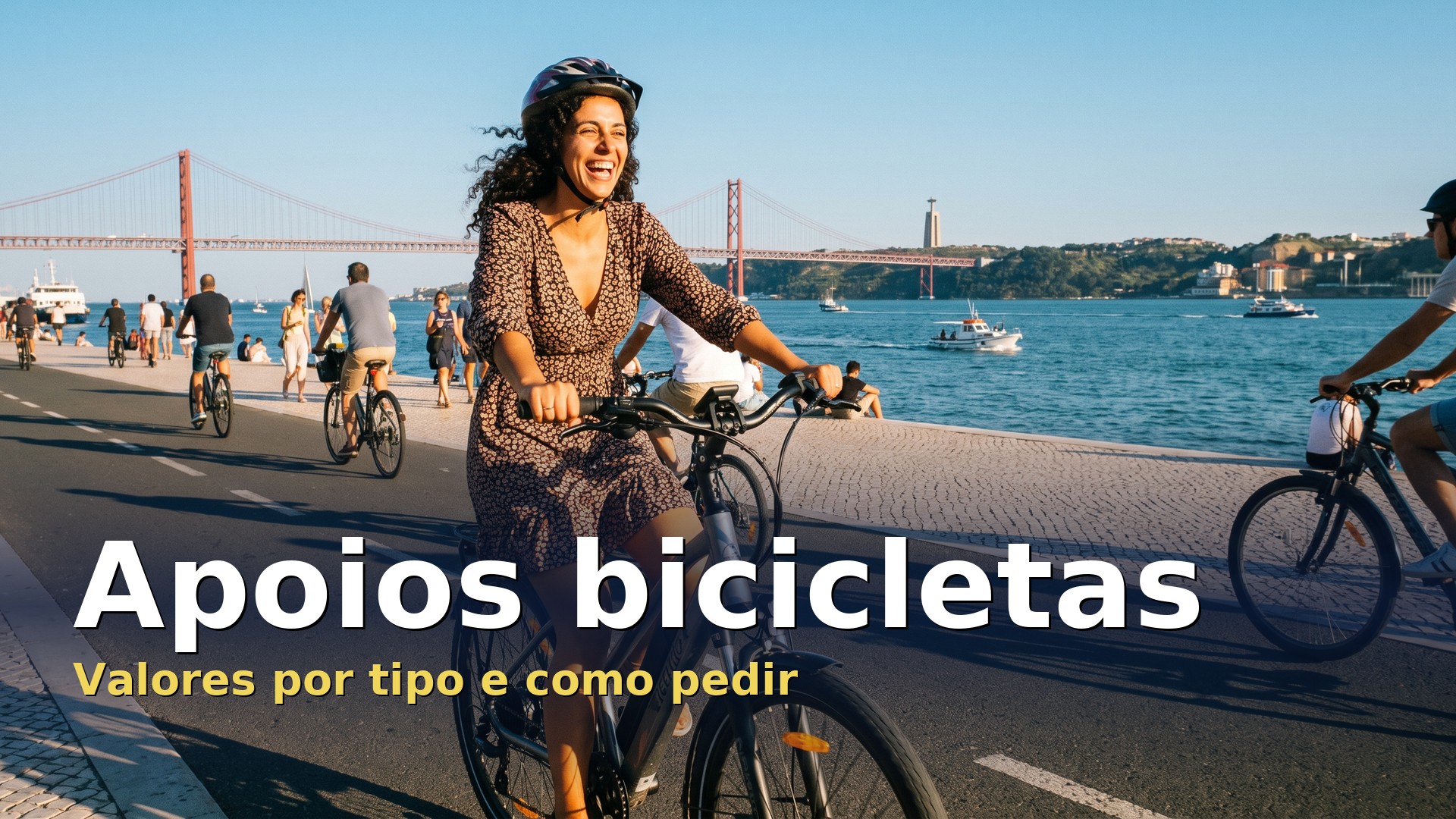 Apoios bicicletas: mulher a andar de bicicleta elétrica numa ciclovia