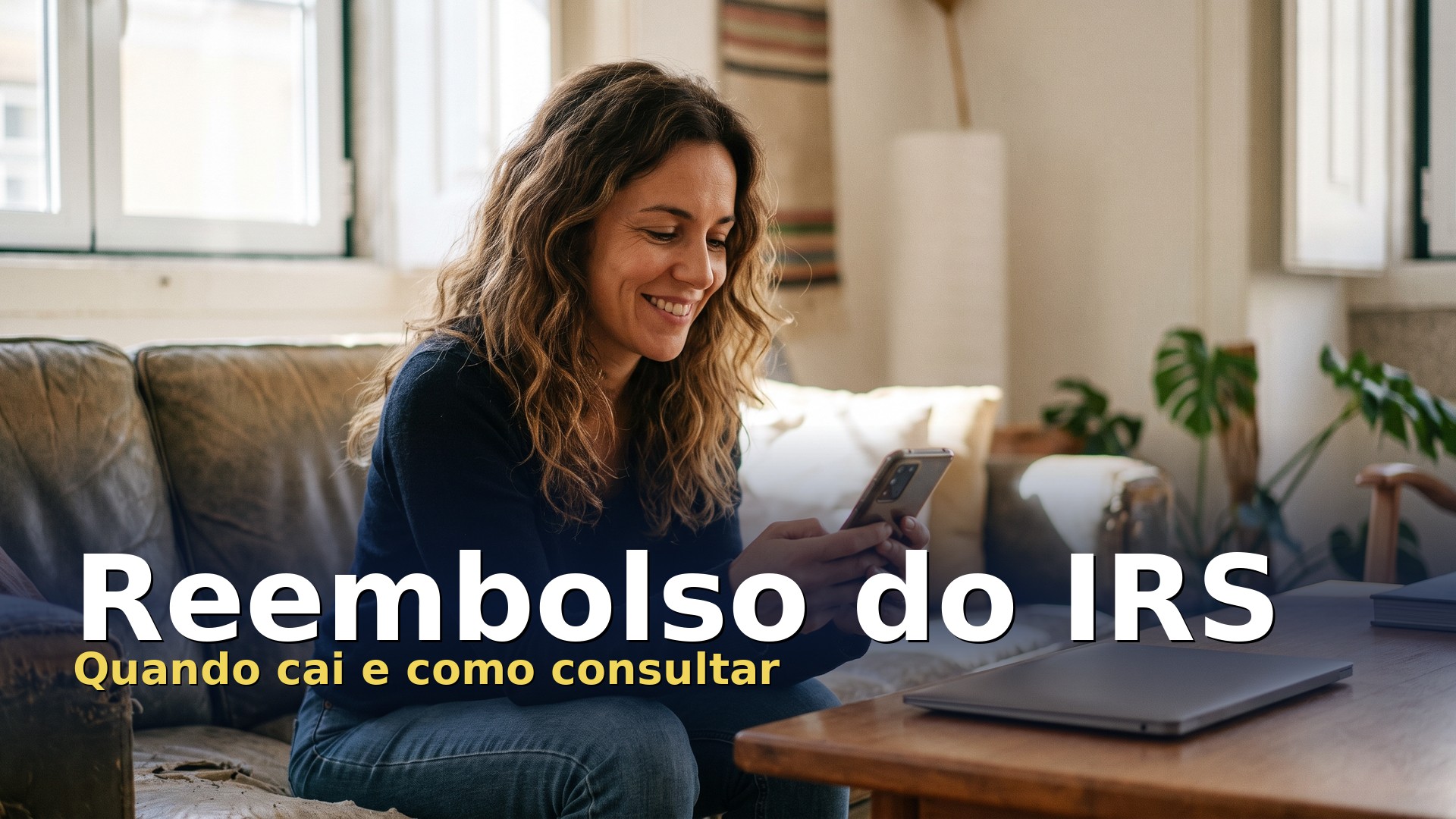 Reembolso do IRS: mulher no sofá de casa a confirmar no telemóvel se o reembolso já chegou à conta