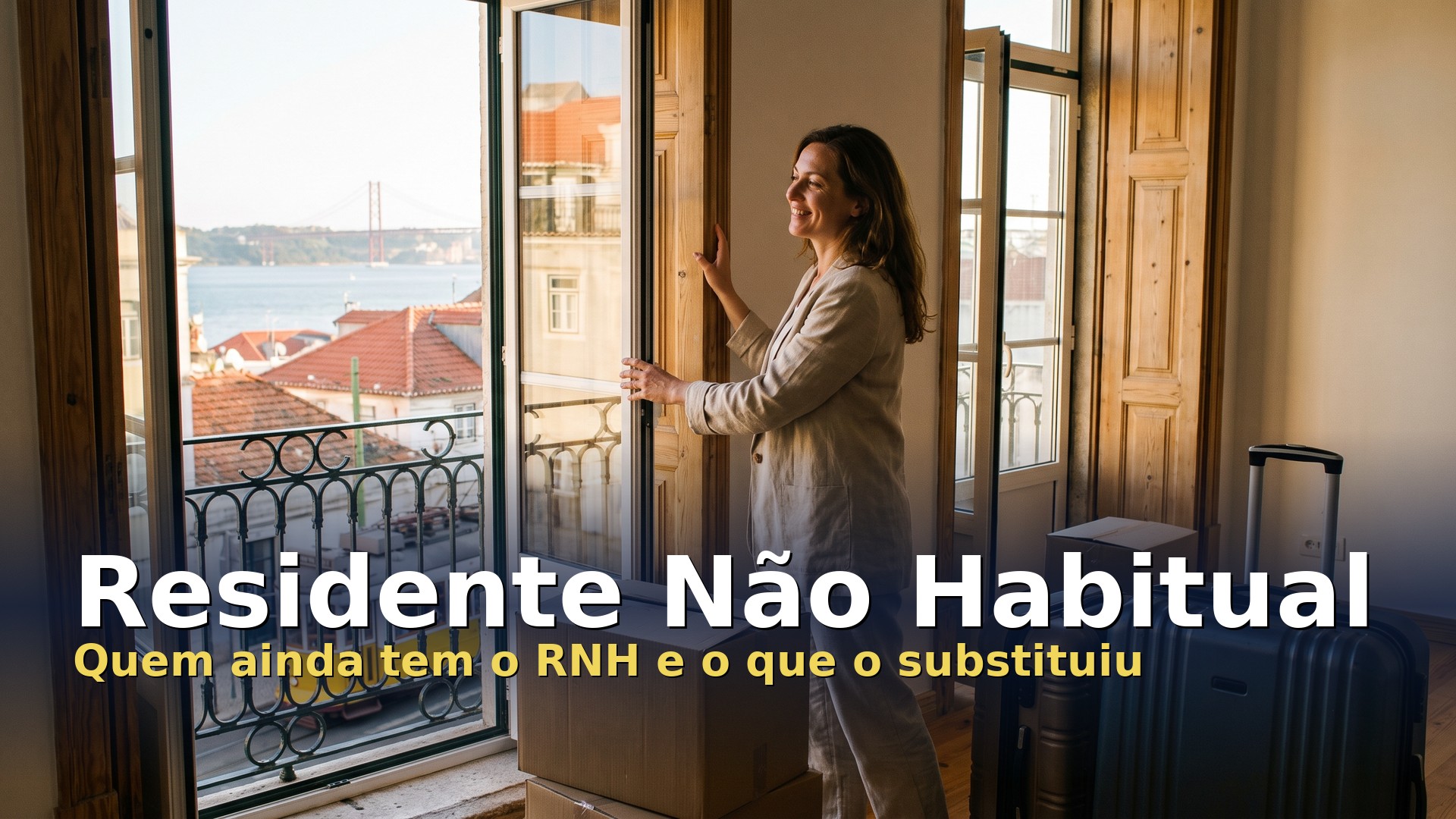 Residente Não Habitual: profissional estrangeira a abrir a janela da casa nova em Lisboa, entre caixas de mudança