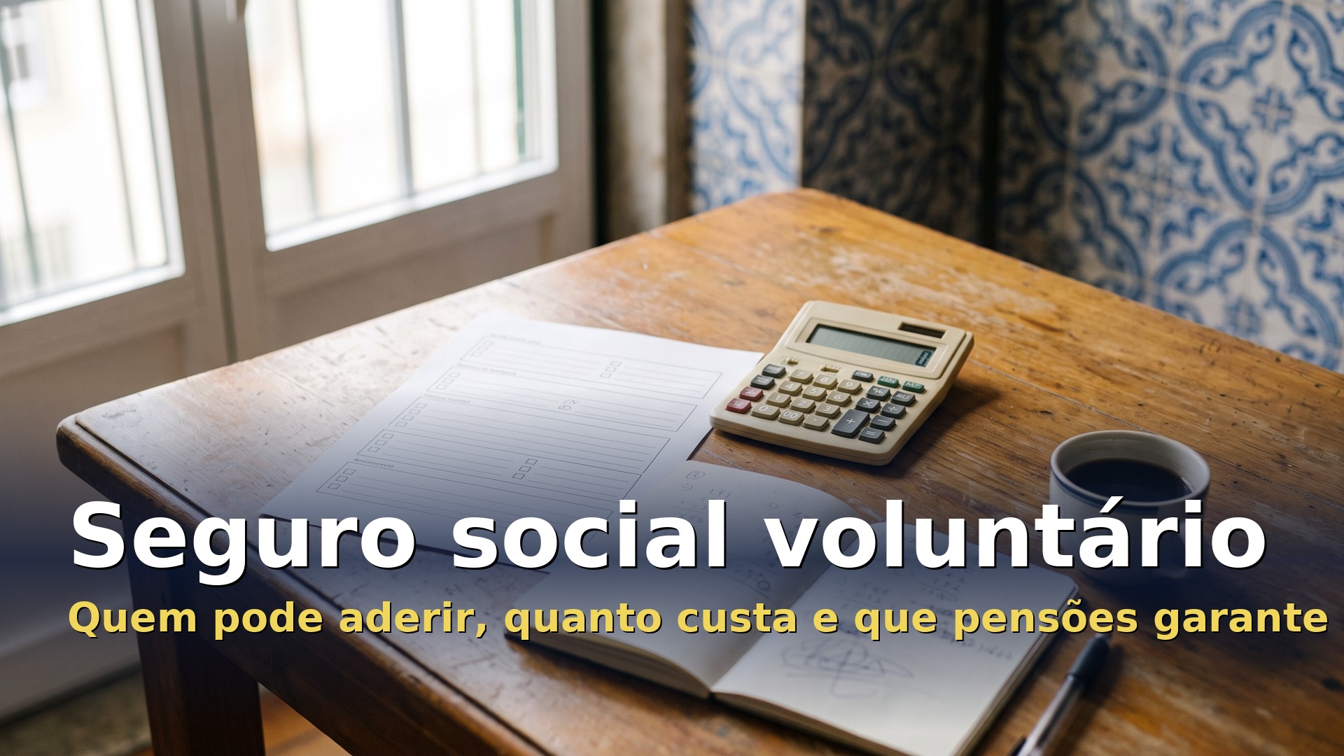 Seguro social voluntário: formulário em branco, calculadora, caderno com contas e chávena de café numa mesa de cozinha portuguesa junto à janela