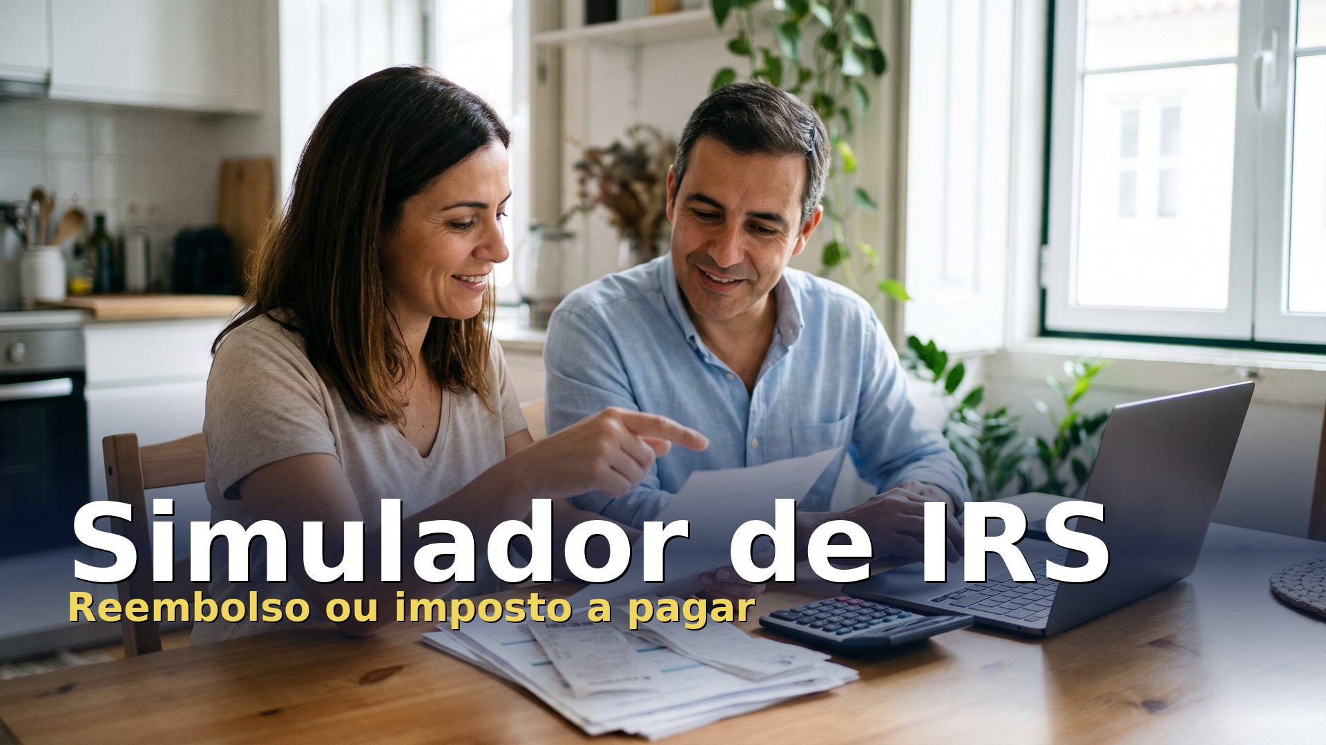 Simulador de IRS: casal à mesa da cozinha a rever recibos e despesas com o portátil e a calculadora