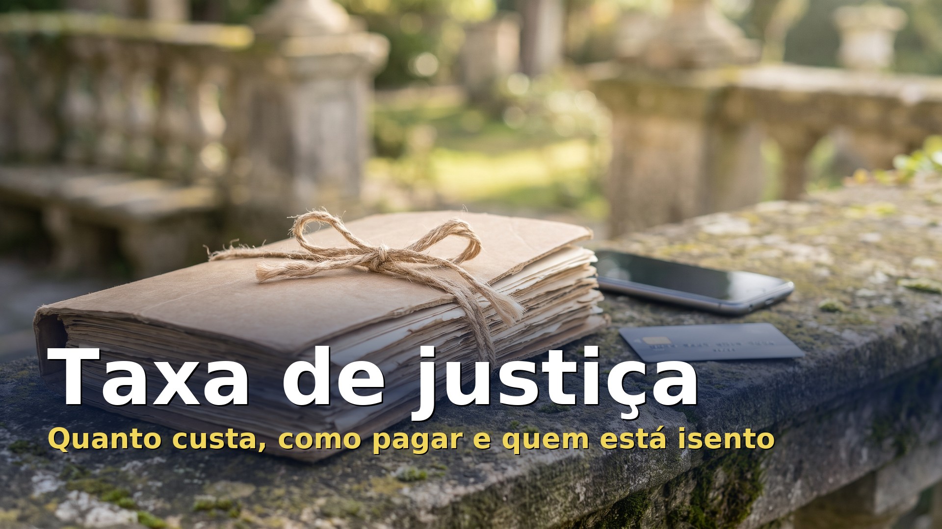 Taxa de justiça: pasta de um processo judicial atada com cordel, telemóvel e cartão bancário para pagar o DUC, no muro de pedra à porta do tribunal