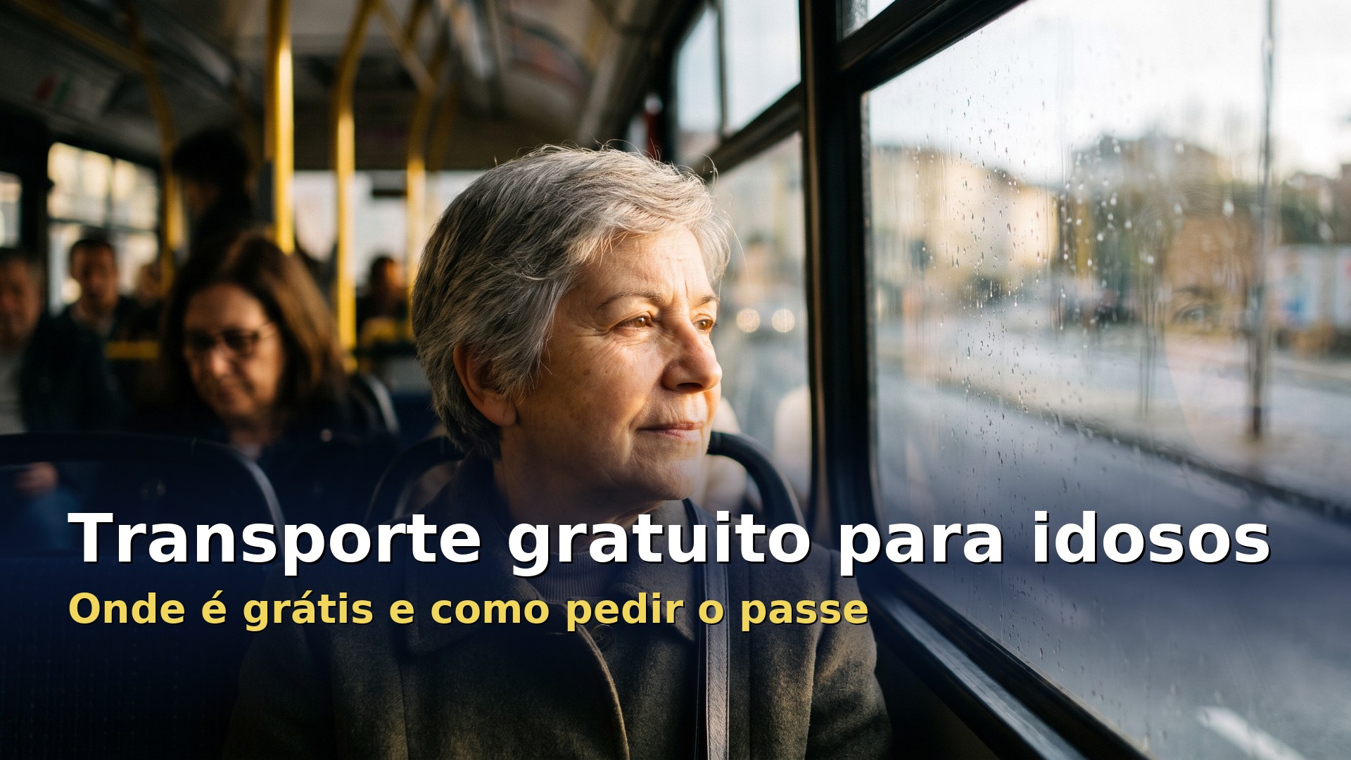 Transporte gratuito para idosos: mulher reformada sentada num autocarro urbano a olhar pela janela