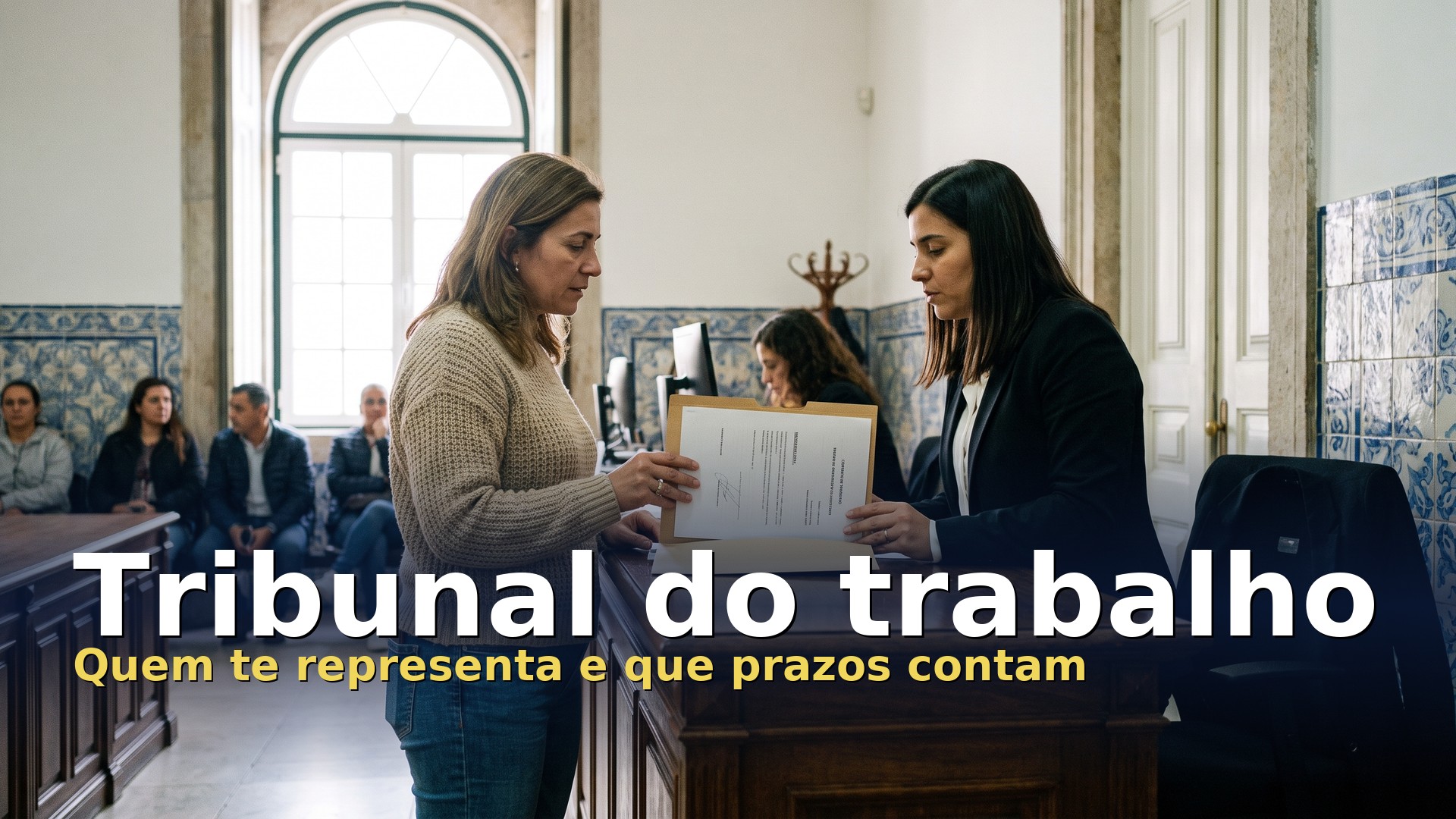 Tribunal do trabalho: trabalhadora mostra o contrato e os recibos de vencimento a uma funcionária no atendimento do tribunal