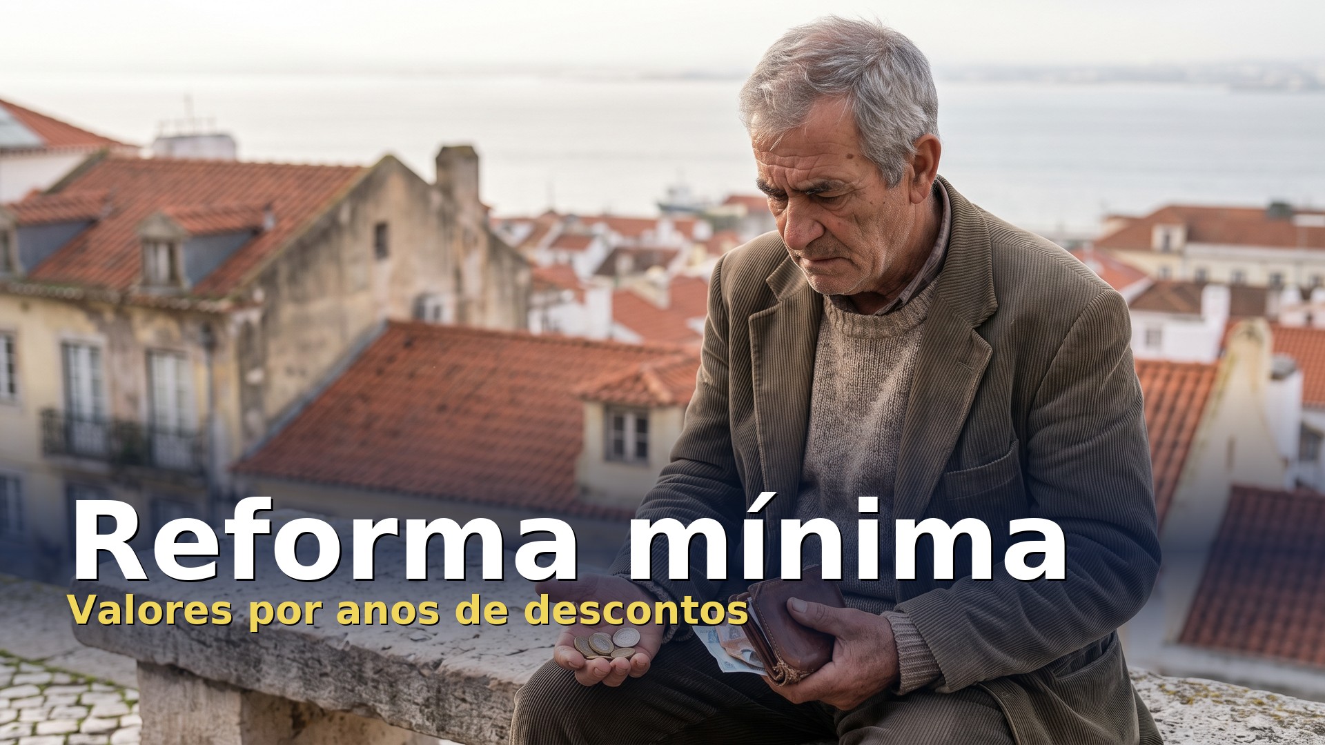 Valor da reforma mínima em Portugal: pensionista conta as moedas da carteira num miradouro de Lisboa